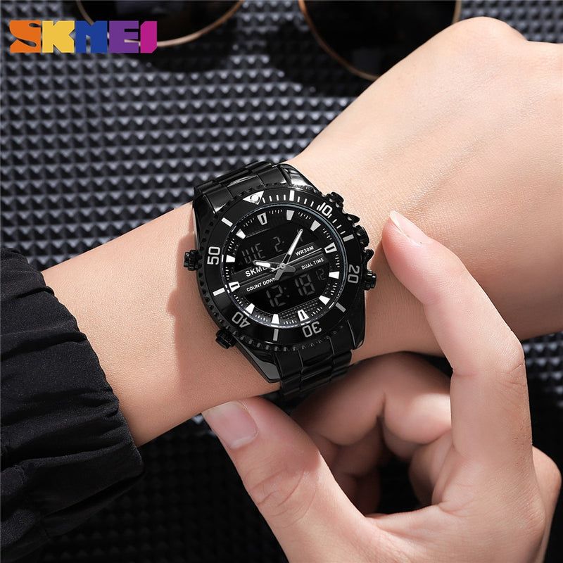 SKMEI Dual Display Watches Mens Fashion Digital Wristwatches Chrono Alarm Men Clock Waterproof Stainless Steel Relogio Masculino