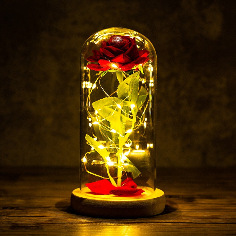 LED Enchanted Galaxy Rose Eternal 24K Gold Foil Flower with String Lights In Dome for Home Decor Christmas Valentine&