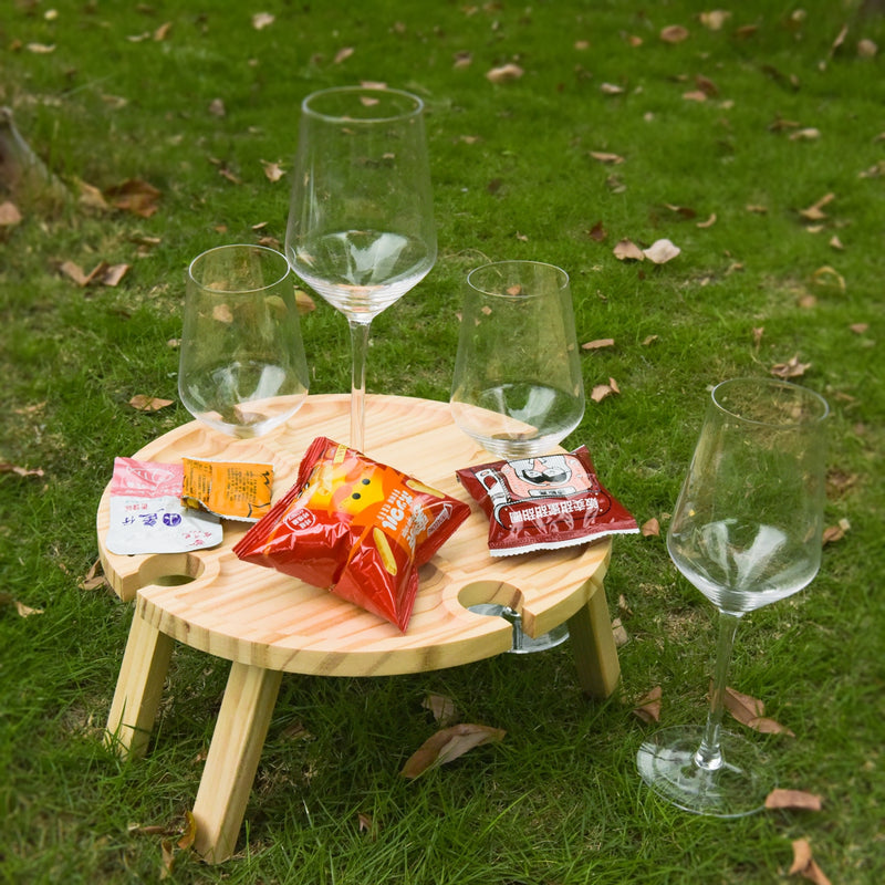 Mesa de Picnic de madera portátil, asa de transporte, mesa de vino plegable para exteriores, soporte extraíble para copa de vino, mesa plegable, bandeja para aperitivos y frutas