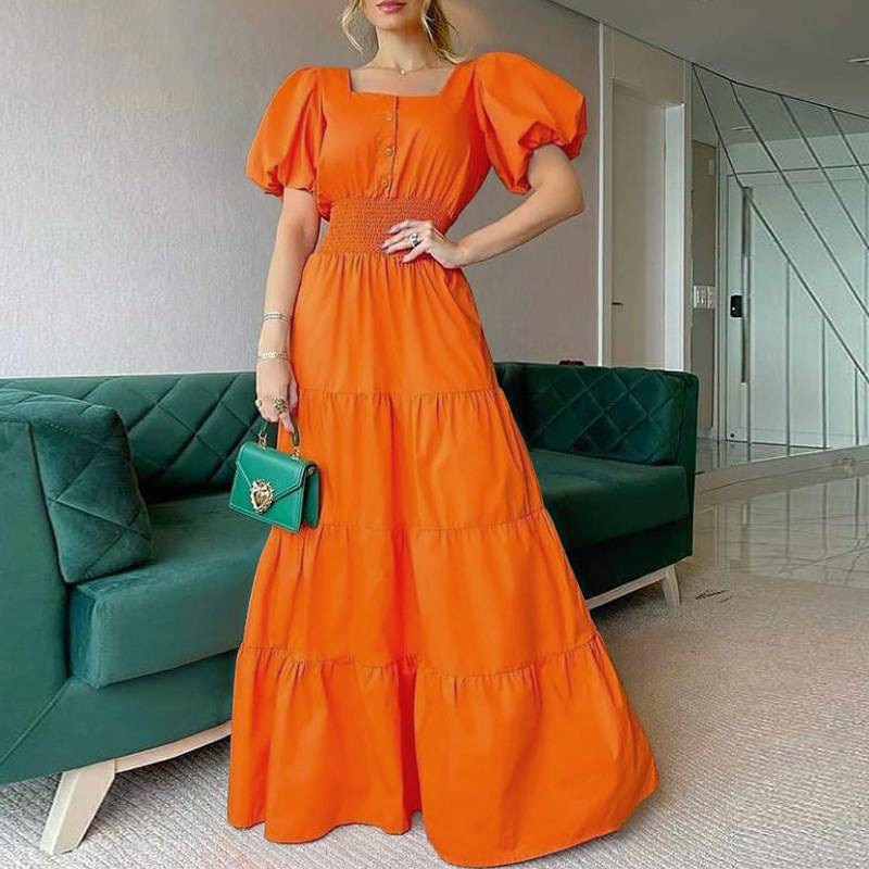 Sommer-Puff-Schulter-reizvolles Partei-Kleid-Frühlings-festes Knopf-langes Hemd-Kleid-Frauen-elegantes Umlegekragen-Büro-Dame-Maxi-Kleid