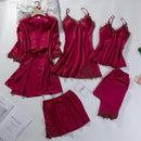 Spitze Patchwork 5 STÜCKE Nachtwäsche Nachthemd Kimono Bademantel Kleid Satin Lady NightyRobe Anzug Sexy Home Kleidung Weiße Hochzeitsrobe