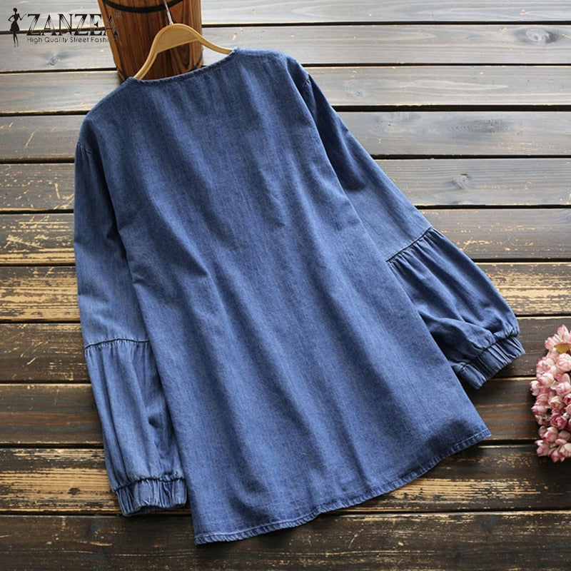 Elegant Denim Blue Shirts Womens Embroidery Blouse 2022 ZANZEA Tassel Puff Sleeve Blusas Female Casual Floral Tops