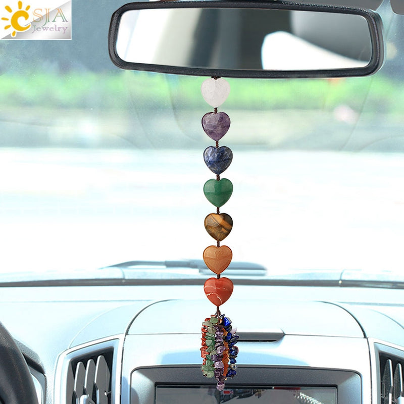 CSJA forma de corazón piedra Natural coche colgante Chakra Chip cuenta cristal curativo tejido hecho a mano ornamento de la suerte ventana decoración de pared G541