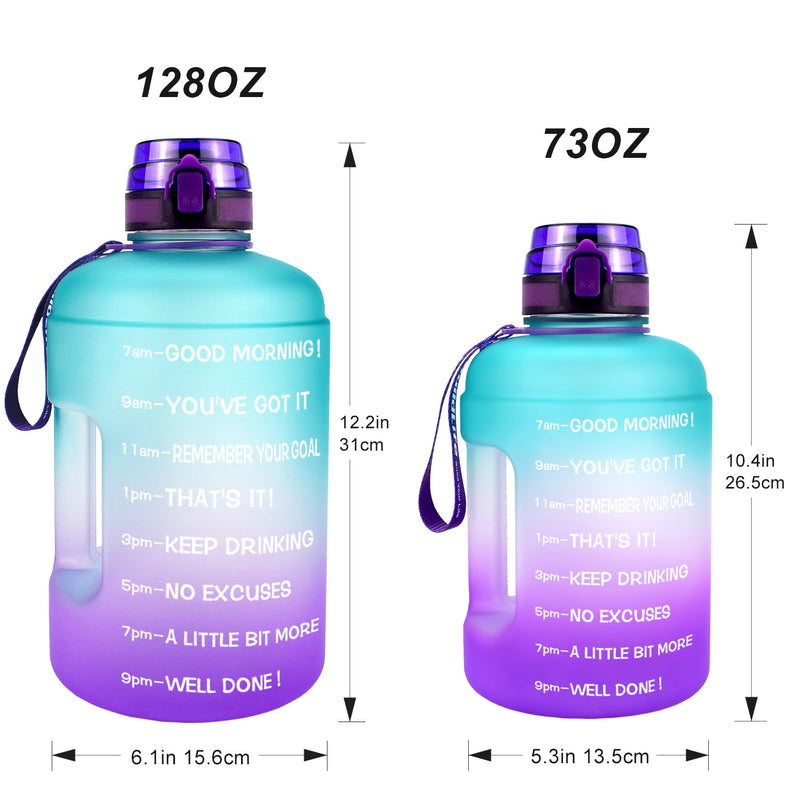 Botella de agua QuiFit de 128oz, 73oz, 43oz, 1 galón con filtro de marcas de tiempo, red de infusión de frutas, jarra de bebida deportiva motivacional sin BPA