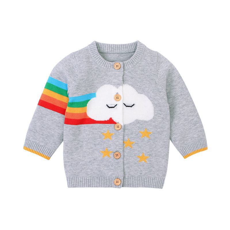 Suéter para niños, ropa de otoño para bebés (niño o niña), cárdigan con estampado de arco iris de dibujos animados, ropa de abrigo informal de algodón de punto