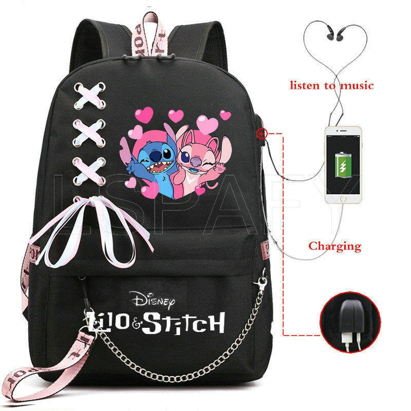 Disney Kawaii Stitch Bag Zipper USB Charging Mochila Capacity Backpack Women Kpop School Bags for Teenage Girls Students