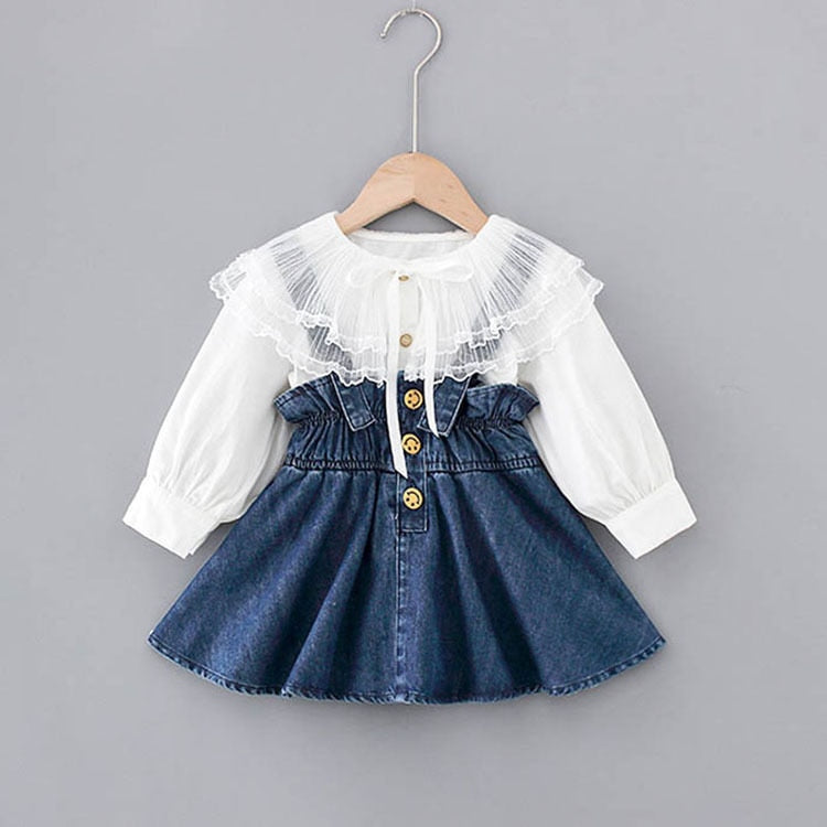 Autumn Infant Baby Girls Clothes Set Sweet Lace Large Lapel Long-sleeved Shirt + Cowboy  Dress 2pcs Set Denim Princess