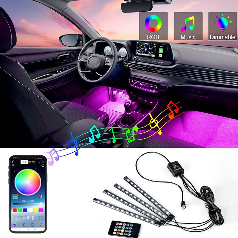 12 LED Car Interior Floor Foot Lamp AUTO Decoration Light With USB Multiple Modes Car Styling Atmosphere RGB Neon Lamp Strips