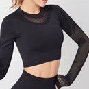 Yoga Sets Women Gym Clothes Seamless Long Sleeve Crop Tops Mesh Sports Leggings Running Workout High Waist Pants Fitness Wear