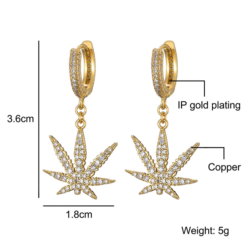 Hip Hop 1Pair Iced Zircon Maple leaf Earring Micro Paved AAA+ Bling CZ Stone Earrings For Men Women Jewelry