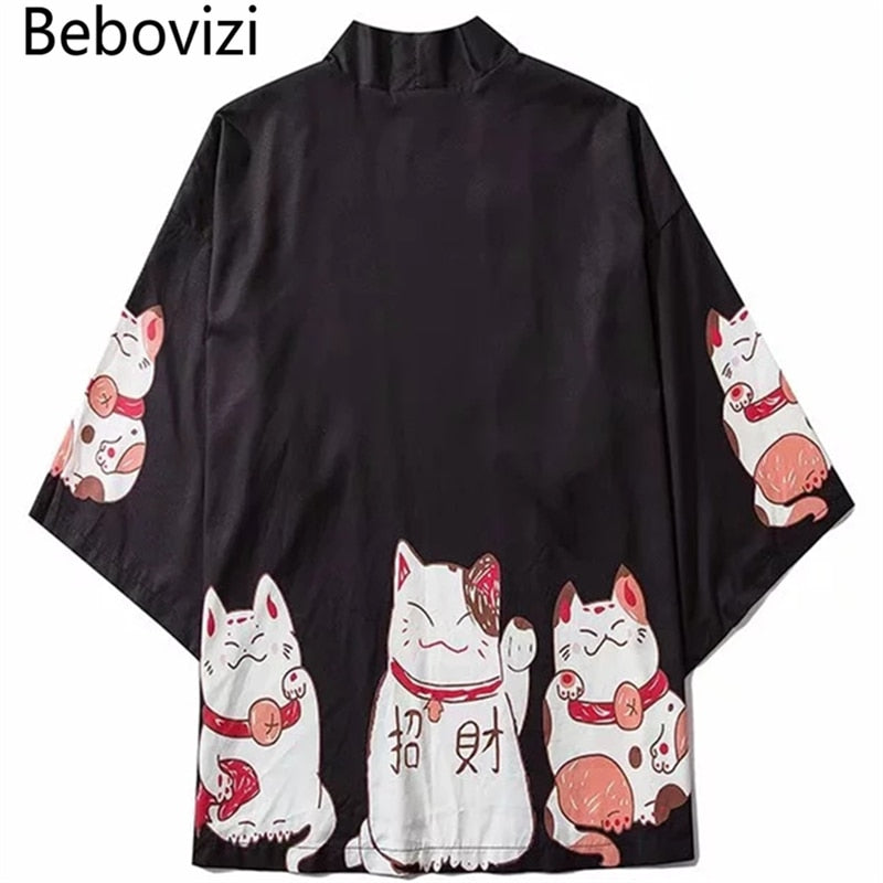 Bebovizi, ropa de estilo japonés, ropa de calle de verano para hombre, Kimono con estampado de gato, cárdigan, bata mandarina, Kimonos de tendencia japonesa Unisex para hombre