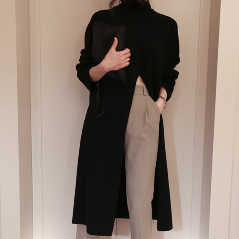 TWOTWINSTYLE, suéter negro dividido, jersey de punto de cuello alto de manga larga para mujer, Tops, ropa femenina coreana, novedad de invierno 2022