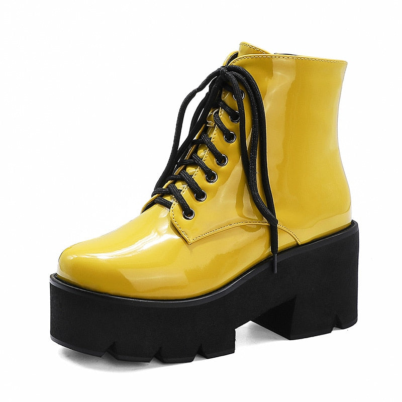 Gdgydh Punk Style Platform Heel Womens Ankle Boots Chunky Motorcycle Boots For Women Patent Leather Purple Yellow Shoes Big Size