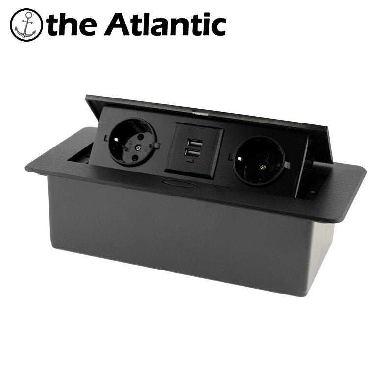 Desktop-Steckdose Tischsteckdose 2 3 DE EU FR-Steckdose mit USB-Aufladung Langsame Pop-up-Abdeckung aus schwarzer silberner Aluminiumlegierung für Besprechungsräume