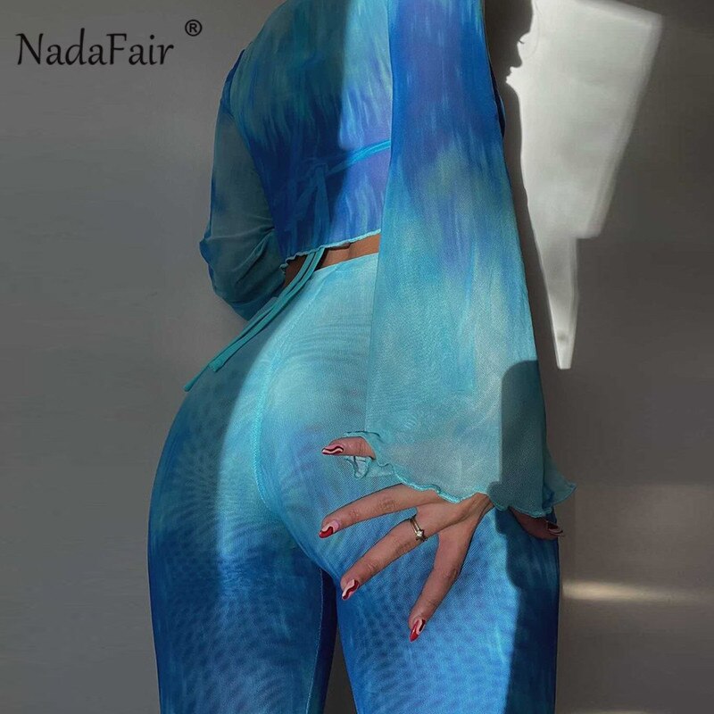 Nadafair Tie Dye Hose Y2K Ästhetische Kleidung 2021 Farbverlauf Sexy Hosen Frauen Geraffte Bandage Hohe Taille Schlaghose