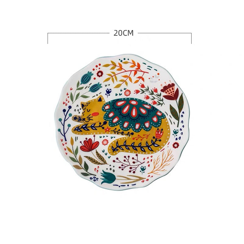20,3 cm nordische kreative Cartoon handbemalte Katzenplatte Keramikgeschirr unter glasierter Dessertschale Mikrowellen-Snack-Steakplatte