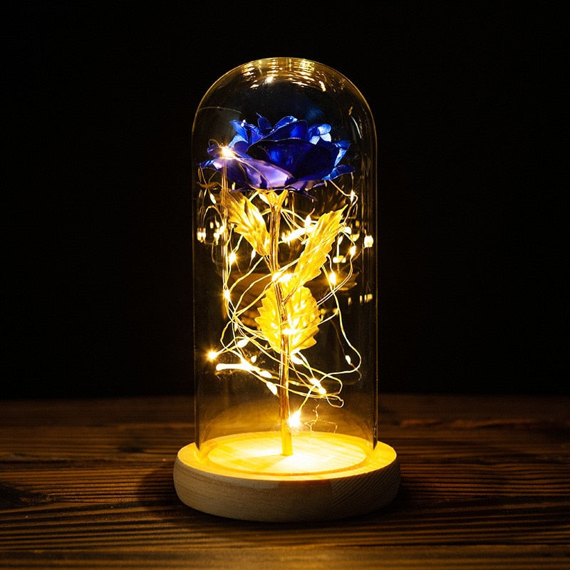 LED Enchanted Galaxy Rose Ewige 24 Karat Goldfolie Blume mit Lichterketten in Kuppel für Heimdekoration Weihnachten Valentinstagsgeschenk