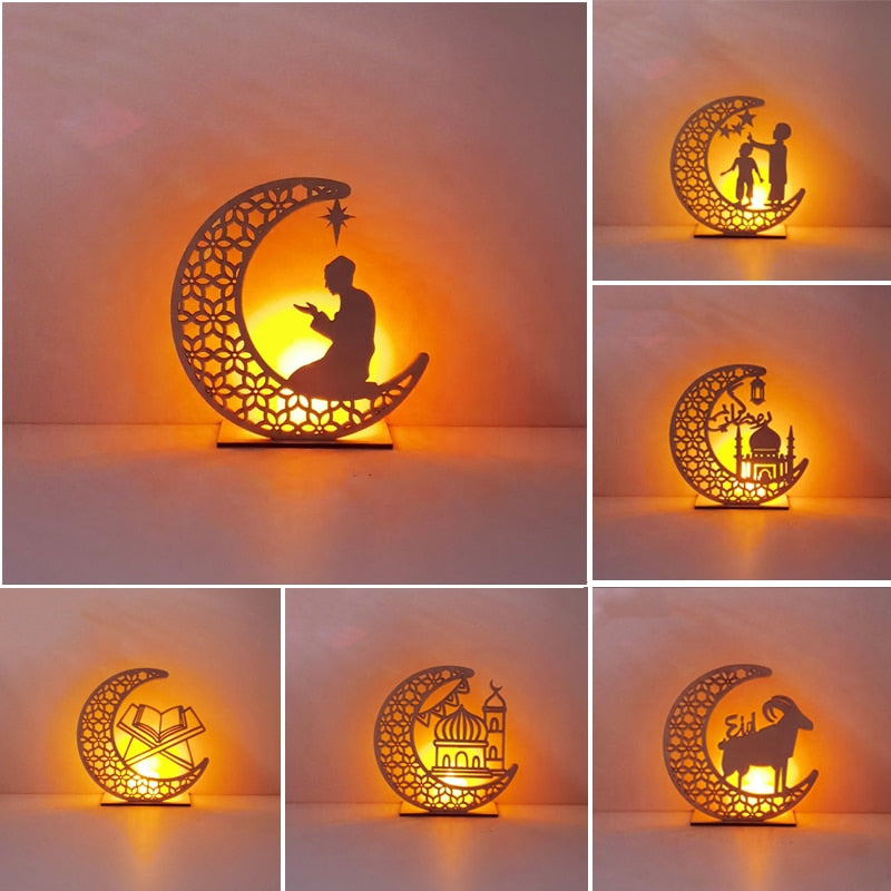 LED Eid Mubarak Holz DIY Craft Ornament Anhänger Islam Muslim Party Home Decoration Ramadan Kareem Event Party Supplies