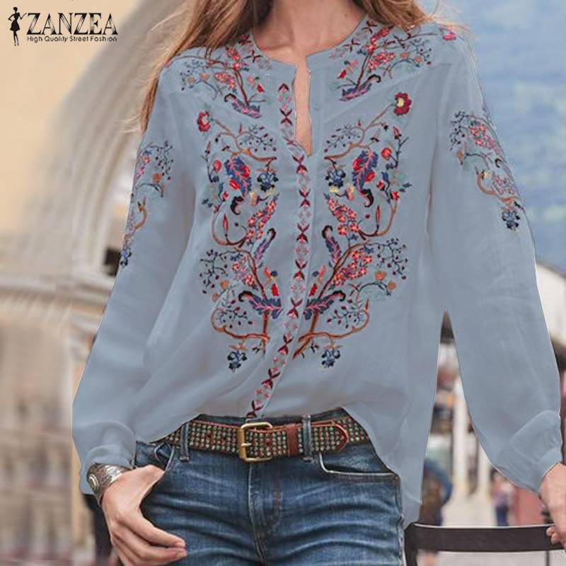 ZANZEA 2022 Mode Gedruckt Tops Frauen Herbst Bluse Bohemian V-Ausschnitt Langarm Shirts Weibliche Beiläufige Lose Blusas Übergroß