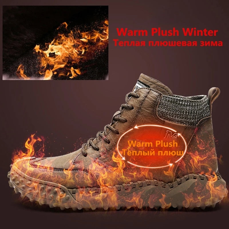 New Winter Men&#39;s Boots Thick Plush Warm Men&#39;s Snow Boots Leather Men&#39;s Ankle Boots Handmade Motorcycle Boots Outdoor Men&#39;s Shoes