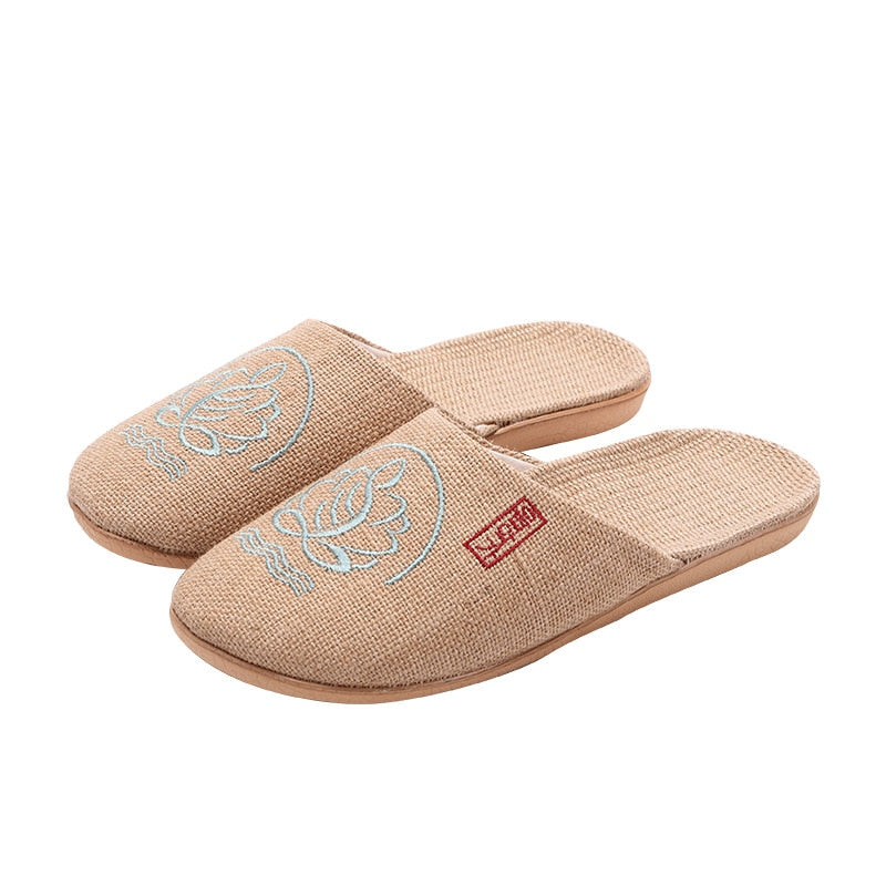 Suihyung New Women Breathable Flax Indoor Slippers Embroider Floral Linen Home Slip On Ladies Summer Non-Slip Fat Beach Shoes