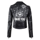 2021 Women Autumn Winter Faux Soft Leather Jackets Coats Lady White Black PU Rivet Zipper Epaulet 3D Print Motorcycle Streetwear