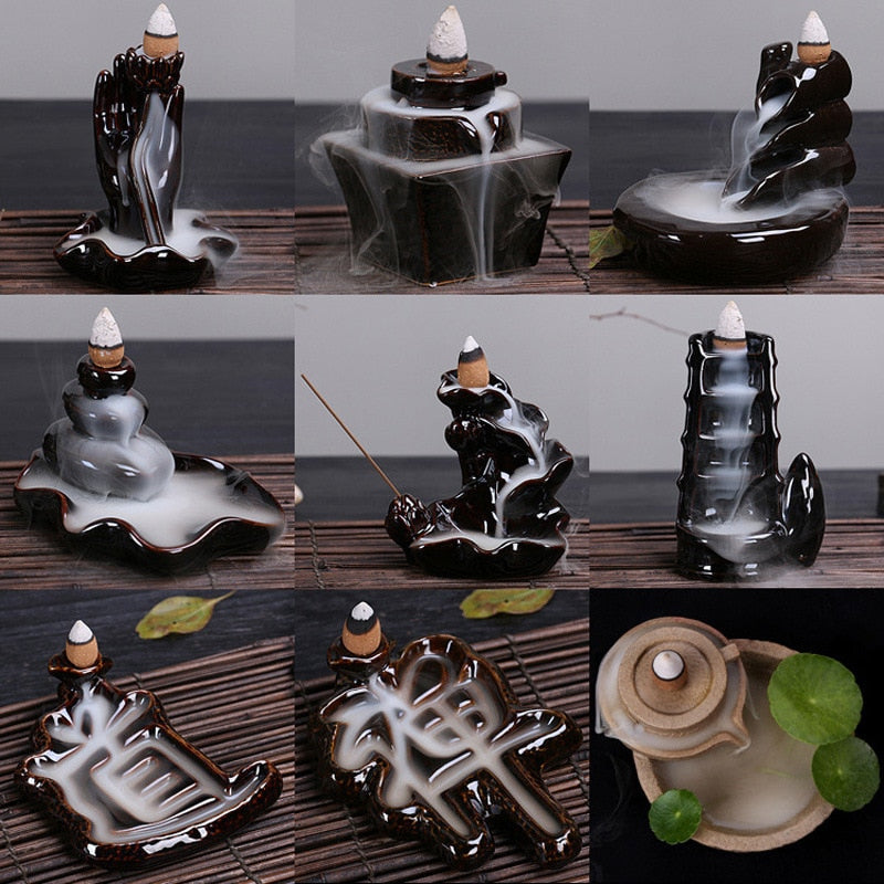 Una variedad de quemadores de incienso de flujo inverso, torre de incienso, adornos de quemador de incienso de cerámica