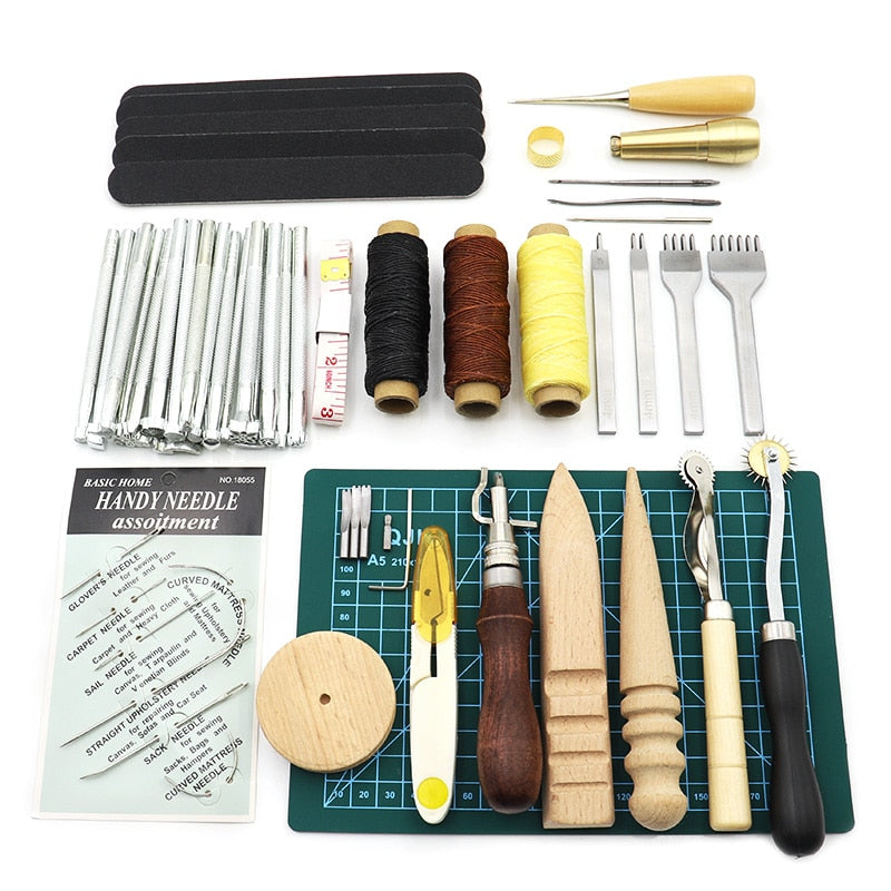 Kit de herramientas de artesanía de cuero profesional DIY, punzón de costura a mano, conjunto de ranuradora de trabajo de tallado, accesorios, caja de herramientas DIY