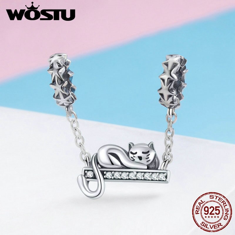 WOSTU Süße Katze Charms 925 Sterling Silber Tier Pussy Zirkonia Perlen passend für Original Armband Anhänger DIY Halskette Schmuck