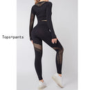 Yoga Sets Women Gym Clothes Seamless Long Sleeve Crop Tops Mesh Sports Leggings Running Workout High Waist Pants Fitness Wear