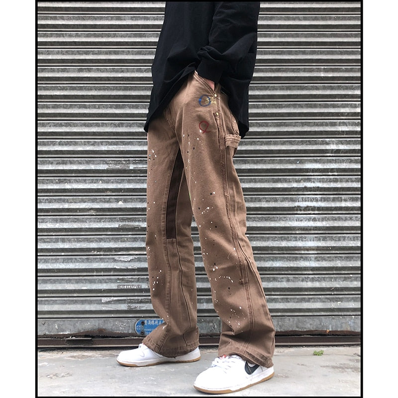 2021 Fashionable Patchwork Cargo Flared Pants Khaki Black Splash Ink Cargo Wide Leg Pant Hip Hop Graffiti Cargo Trousers Men