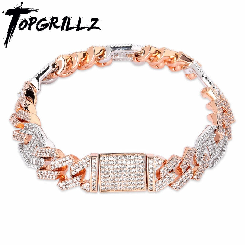 TOPGRILLZ más nuevo Micro pavimentado Baguette Zircon pulsera cubana Iced Out Bling Hip hop joyería oro plata placa CZ cadena cubana 14mm