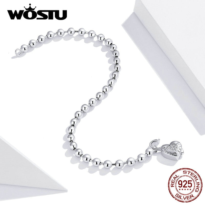 WOSTU, pulsera de corazón de Plata de Ley 925 auténtica, pulsera de cadena de cuentas para mujer, pulsera Original de boda, joyería auténtica CQB203