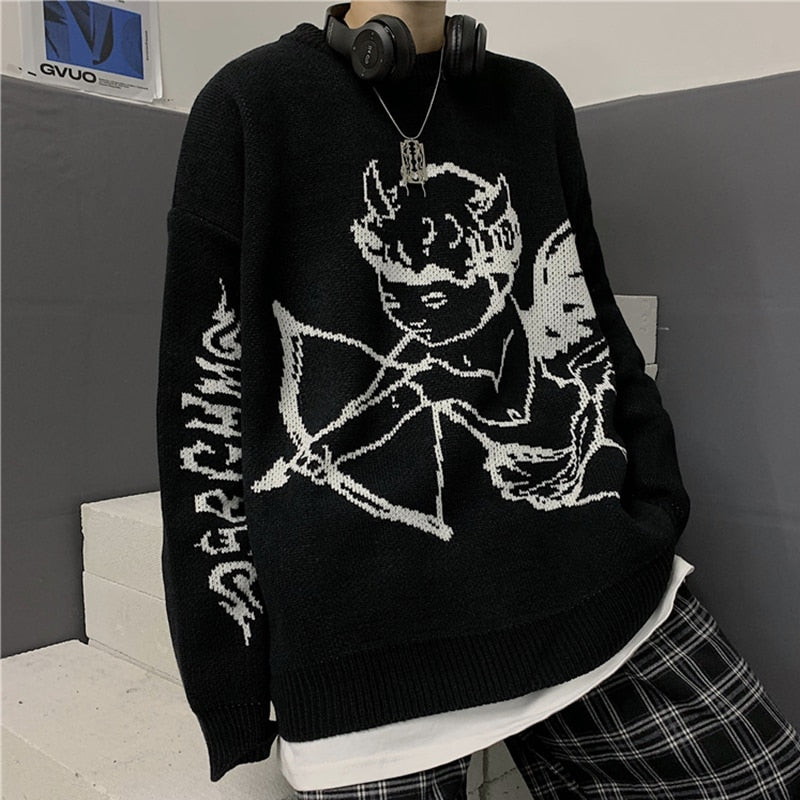 Woherb Pullover Damen Streetwear Strickpullover Engel Jacquard Mode Hip Hop Frühling Herbst Harajuku Übergroßer Outwear Pullover