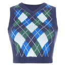 Sweetown Argyle Plaid Knitted Tank Top Female Knitwear Preppy Style Clothes V Neck Casual Crop Sweater Vest 90s Streetwear