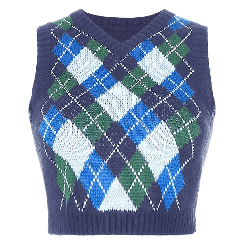 Sweetown Argyle Plaid Knitted Tank Top Female Knitwear Preppy Style Clothes V Neck Casual Crop Sweater Vest 90s Streetwear