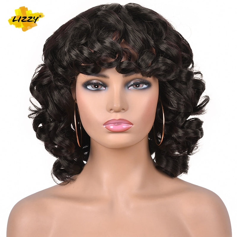 Kurzhaar-Afro-Lockenperücke mit Pony, lose, synthetische, flauschige, schulterlange, natürliche Perücken für schwarze Frauen, dunkelbraun, 35,6 cm