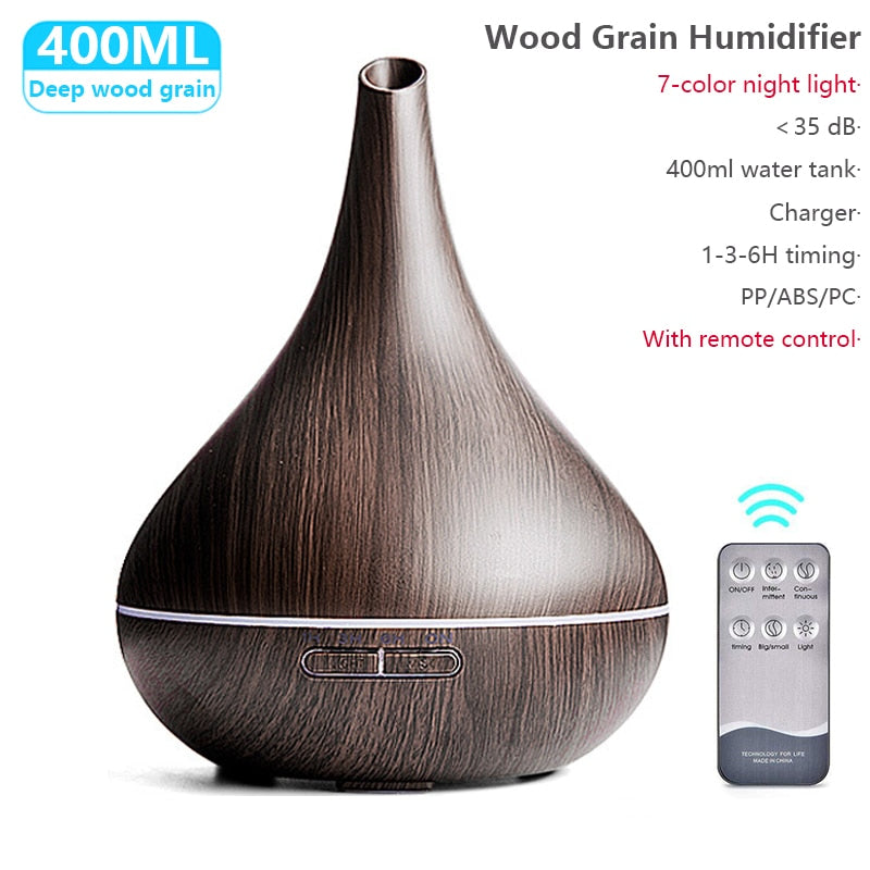 Nuevo difusor de aceite esencial de madera de 500ml, humidificador de aire USB ultrasónico con luces LED de 7 colores, difusor de oficina y hogar con Control remoto