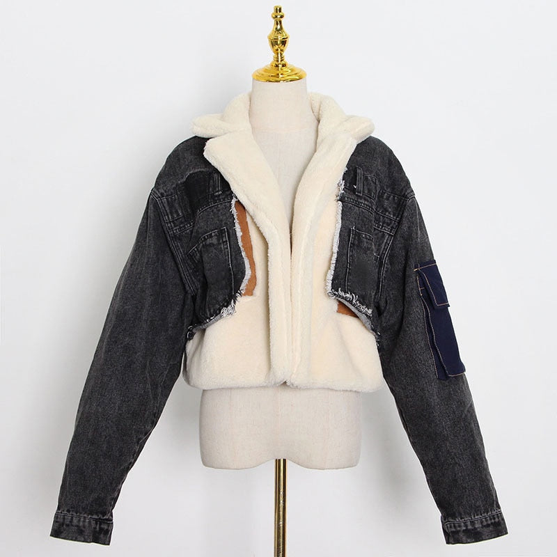 TWOTWINSTYLE Patchowrk Lambswool Denim Jacket For Women Lapel Long Sleeve Tassel Casual Coat Female 2022 Winter Fashion New