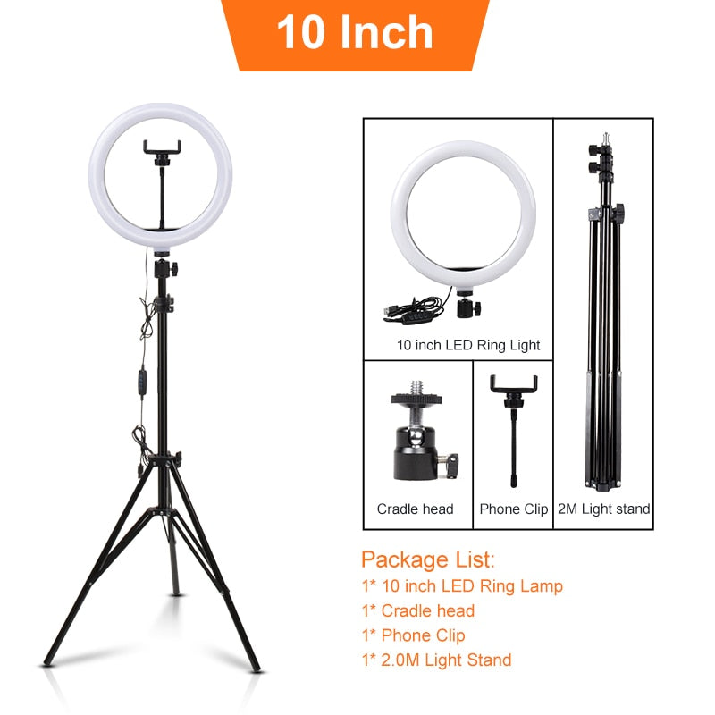 PYNSSEU 10/14 LED Selfie Ring Lamp con trípode de 2M Luz fotográfica con soporte de teléfono para YouTube Camera Photo Makeup