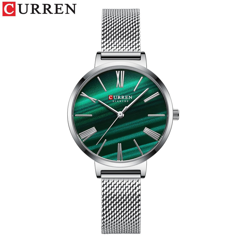 Relojes de lujo de moda CURREN para mujer, reloj de pulsera de cuarzo verde malaquita con reloj de cuero para mujer