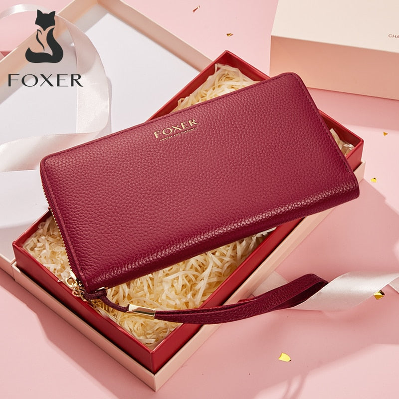 FOXER, cartera larga de cuero de vaca dividida para mujer, tarjetero de lujo para mujer, bolsa de dinero con ranura, bolsa de teléfono de piel de vaca, monedero sencillo, funda de identificación para mujer