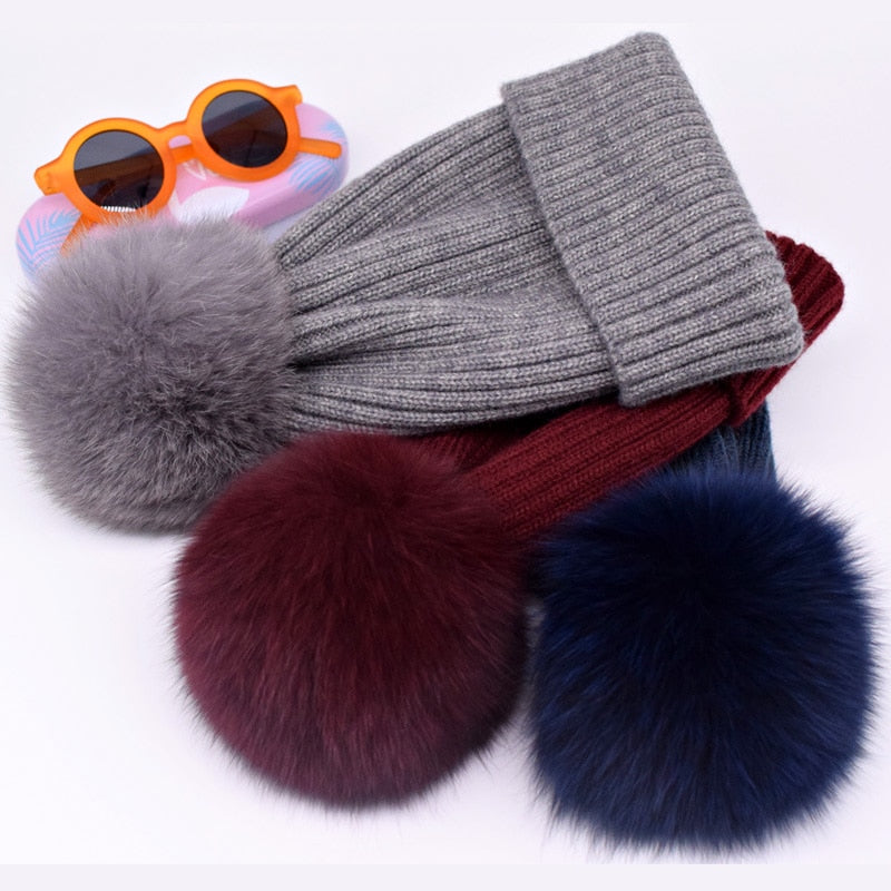2022 New winter hat luxury quality Fox fur pompom hats beanie High quality Girls women bonnet winter hats for women