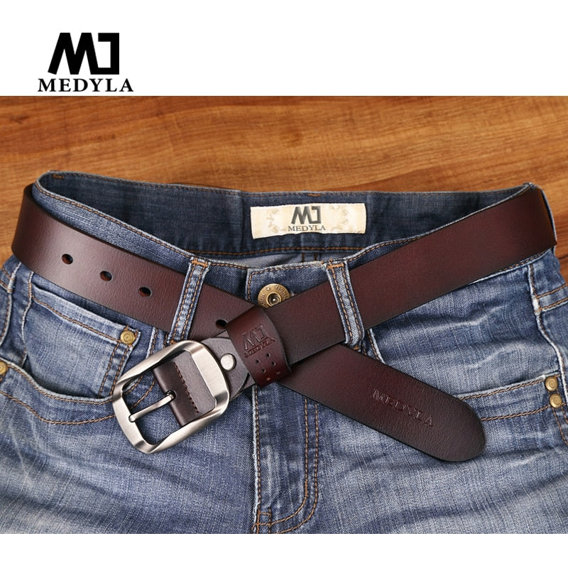 MEDYLA, cinturón para hombre, correa de lujo de cuero genuino de alta calidad, hebilla clásica de aleación Vintage, cinturón para hombre, cinturón vaquero para hombre SM03