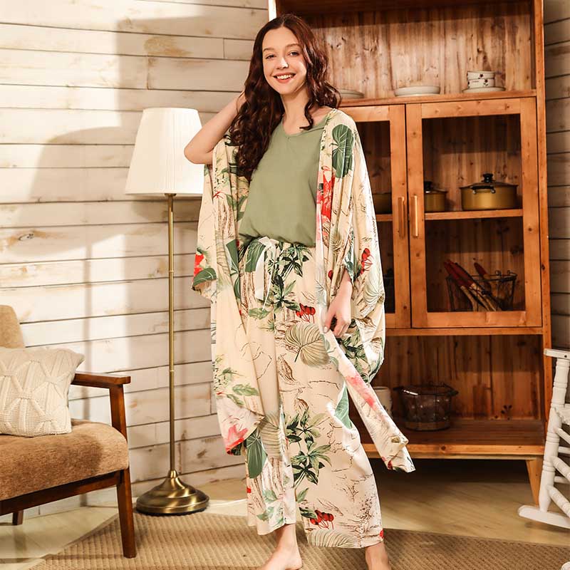 Conjunto de pijama de otoño para mujer, conjunto de 4 Uds de satén de algodón, cárdigan, chaleco, pantalones y pantalones cortos, ropa de dormir elegante con estampado Floral para mujer, ropa de casa