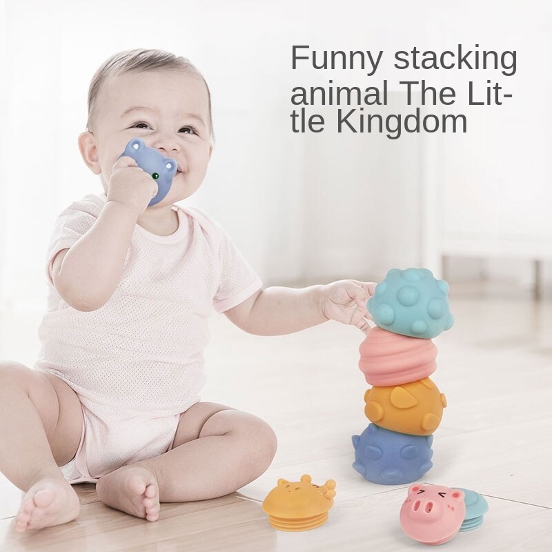 Silicone Stacking Toy For Babies Girl Boy 0 12 Months Baby Sensory Ball Soft Building Block Rattle Teether Montessori Toy 1 Year