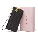 FOXER, cartera de cuero dividida para mujer, bolso de mano plegable con muñequera, tarjetero a la moda, monedero, bolso para teléfono móvil, monedero femenino