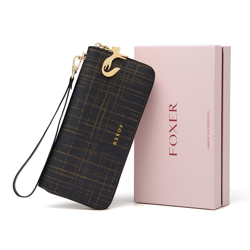 FOXER Women Split Leather Wallet Bifold Clutch Bag with Wristlet Fashion Card Holder Coin Purse Cellphone Bag Female Money Bag