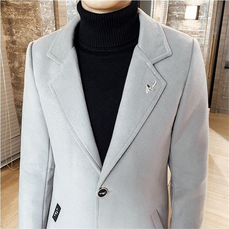 Otoño Invierno abrigo largo de Color sólido cortavientos 2021 nuevo abrigo de lana para hombres s de talla grande 5XL chaqueta cortavientos de moda delgada para hombres