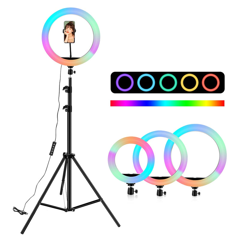 Anillo de luz RGB02 de 10 pulgadas, 26cm, 33cm, 20cm, luz LED arcoíris con soporte para trípode, juego RGB regulable de 1,6 M para vídeo corto, YouTube en vivo